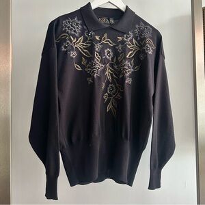 Escada 1980s Vintage Floral Embroidered Wool Collared Pullover Sweater